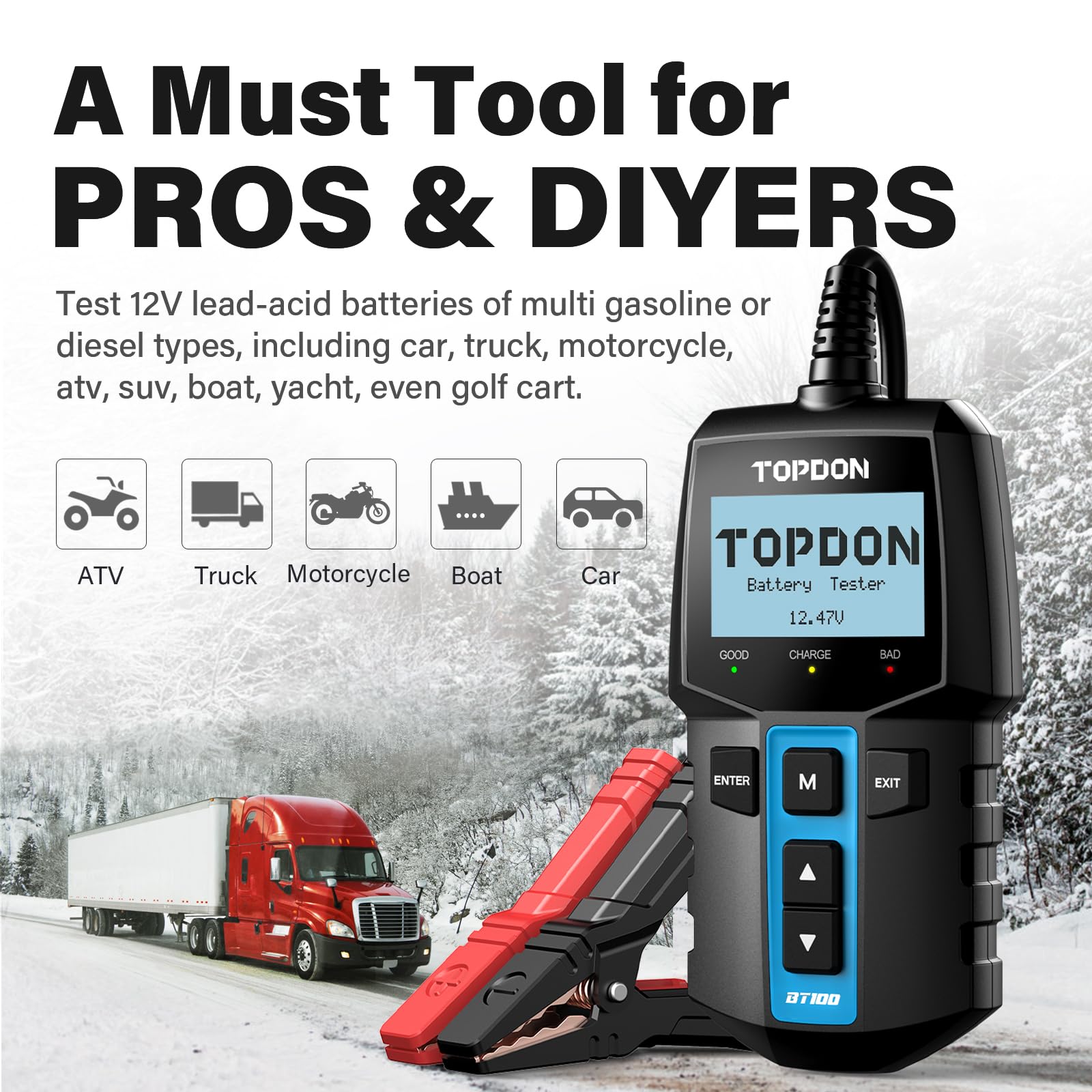 Car Battery Load Tester Digital Cranking - เครื่องวิเคราะห์แบตเตอรี่ดิจิตอล TOPDON BT100 12V, เครื่องทดสอบโหลดรถยนต์, การทดสอบระบบสตาร์ทและการชาร์จ,