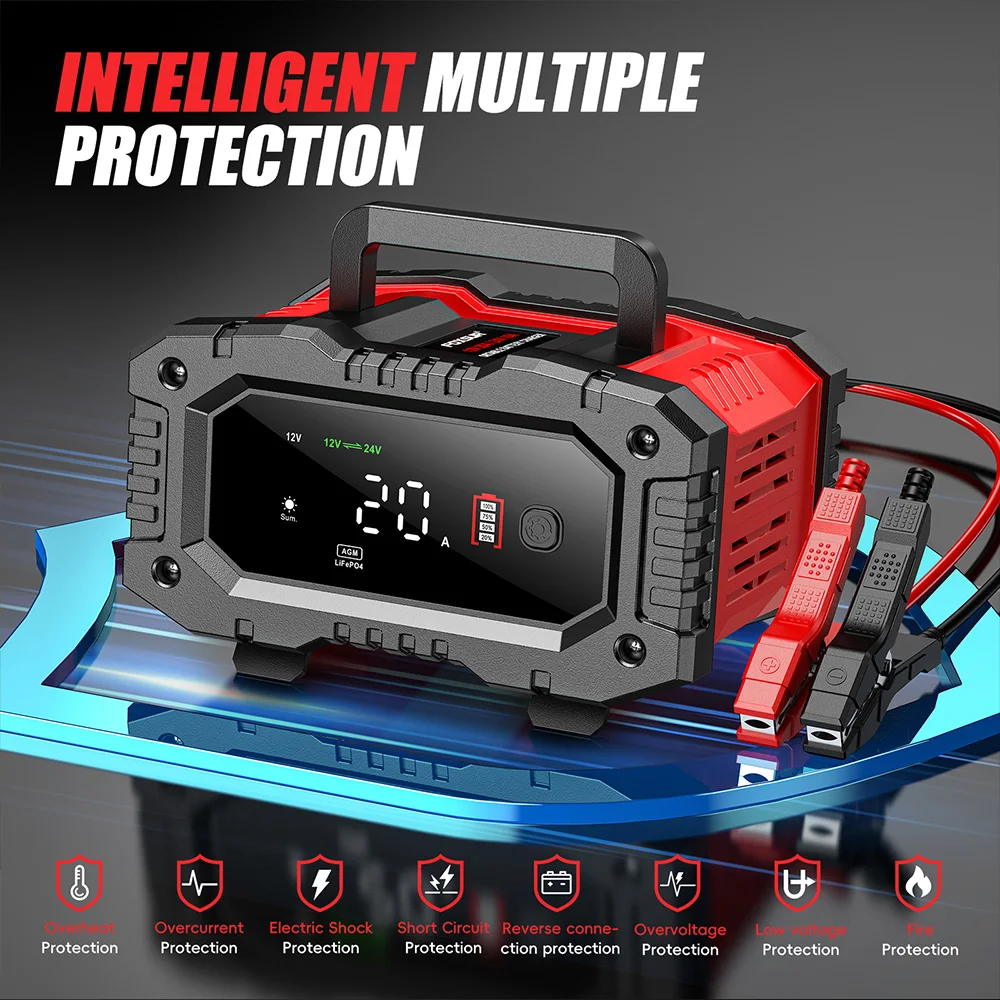 Smart Car Battery Charger 12V 24V 20A - เครื่องชาร์จแบตเตอรี่รถยนต์และมอเตอร์ไซค์ FOXSUR 20A/10A รุ่นใหม่ 12V/24V เครื่องชาร์จอัจฉริยะสำหรับแบตเตอรี่ลิเธียม