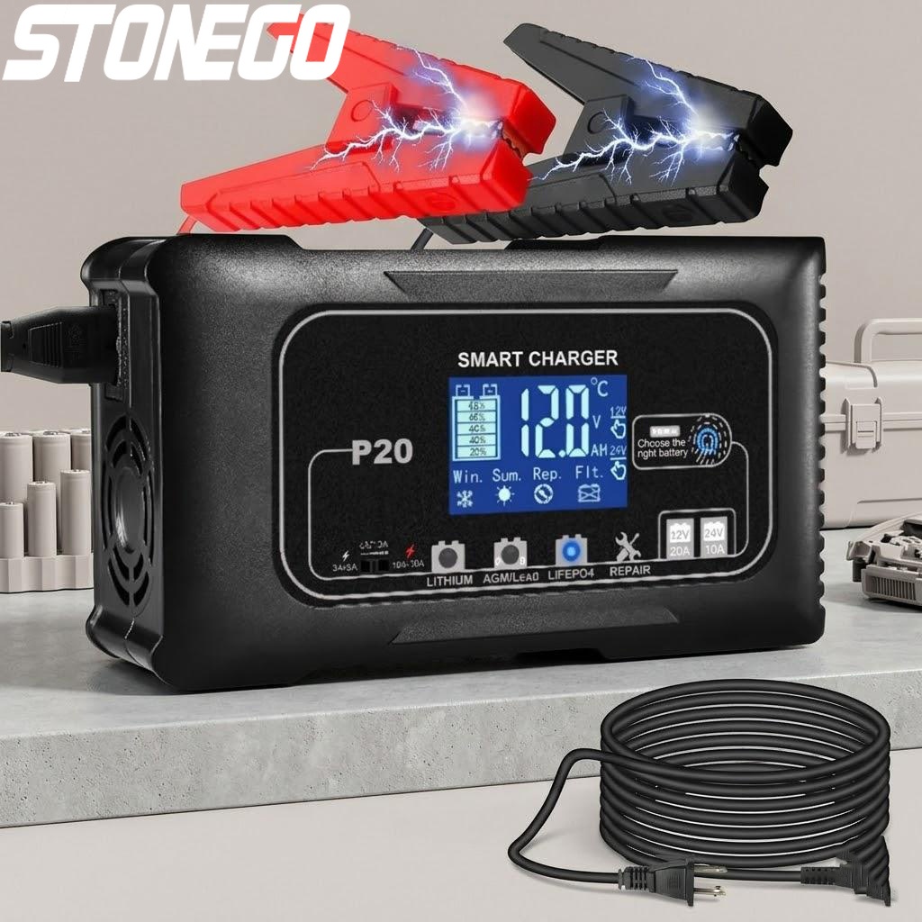 Lead Acid Battery Pulse Repair Desulfator - เครื่องชาร์จแบตเตอรี่อัจฉริยะ 12V 24V 20A สำหรับรถยนต์ ATV
