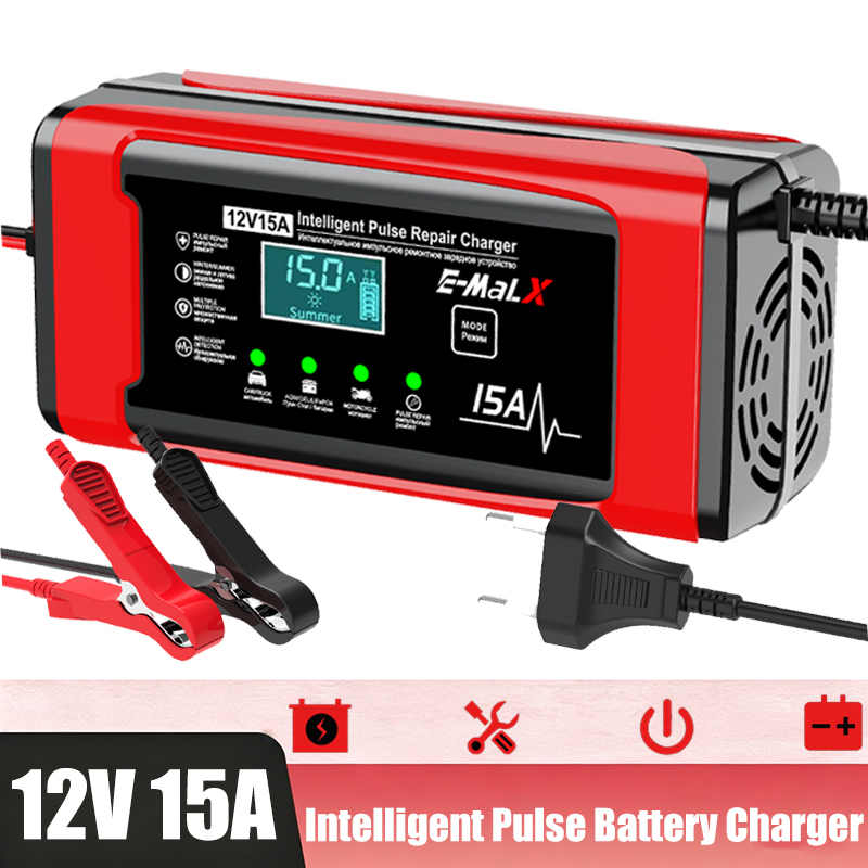 Lifepo4 Battery Charger Smart Automatic - ปลั๊ก EU 12V 15A เครื่องชาร์จแบตเตอรี่อัจฉริยะ เครื่องชาร์จซ่อมแซมแบบพัลส์อัตโนมัติสำหรับรถยนต์